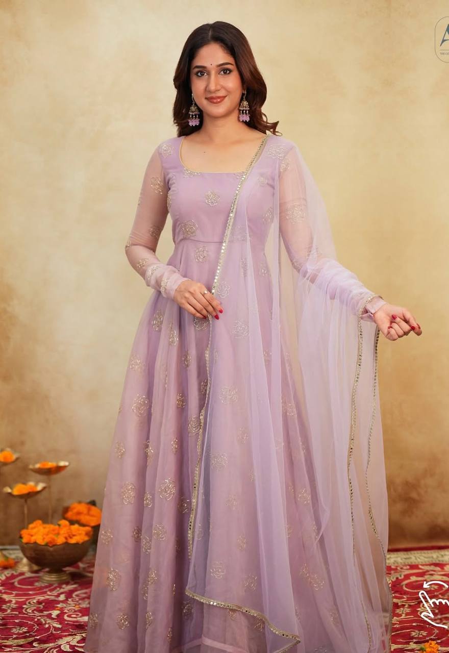 Lavender Color Soft Orgenza Bids Embroidery Work Gown Main image