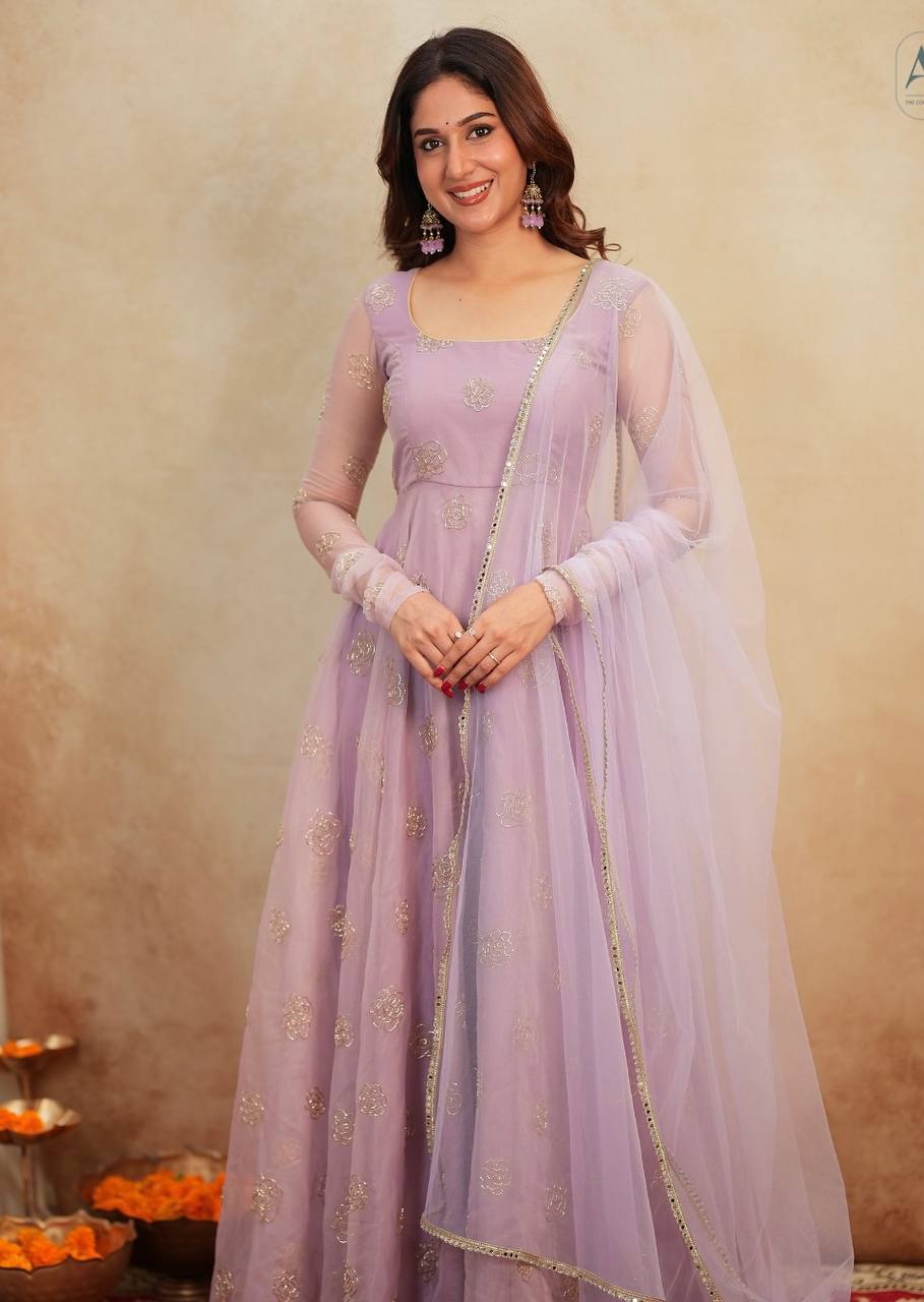 Lavender Color Soft Orgenza Bids Embroidery Work Gown Secondary image