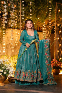 Teal Crunchy Silk Embroidered Gown Set