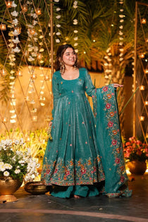 Teal Crunchy Silk Embroidered Gown Set with Matching Dupatta