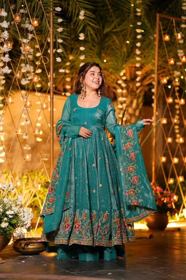 Teal Blue Multi Embroidery Sequins Work Anarkali Suit