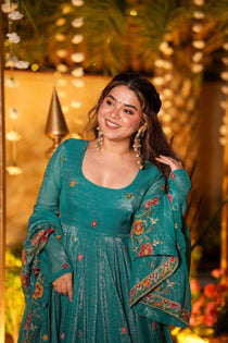 Teal Crunchy Silk Embroidered Gown Set