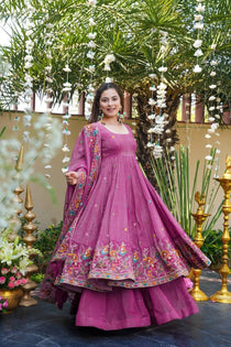 Mauve Crunchy Silk Embroidered Gown Set