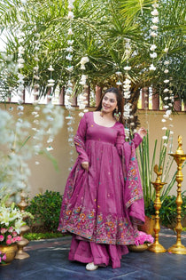 Mauve Crunchy Silk Embroidered Gown Set