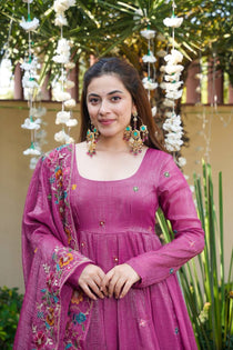 Mauve Crunchy Silk Embroidered Gown Set