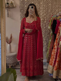 Mehrooni Red Embroidered Anarkali Gown Set with Georgette Dupatta