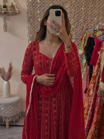 Mehrooni Red Embroidered Anarkali Gown Set