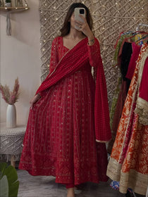 Mehrooni Red Embroidered Anarkali Gown Set