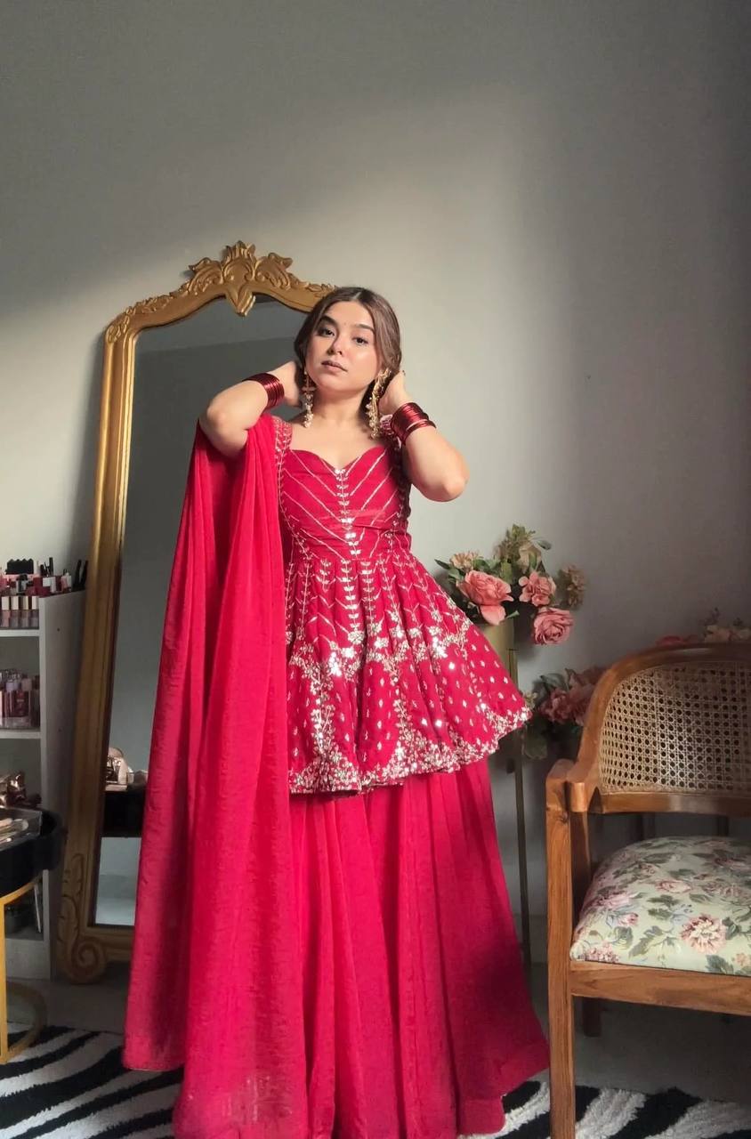 Pink Color Thread Embroidered work Top With Palazzo Main image