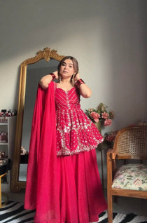 Rani Pink Faux Blooming Embroidered Sharara Suit Set with Dupatta