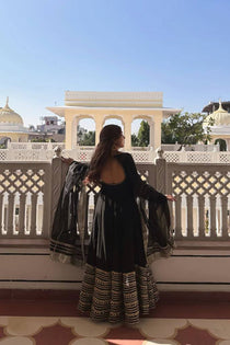Black Rayon Sequin Embroidered Anarkali Gown Set