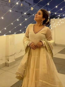 Off White Vichitra Silk Sequin Anarkali Gown Set