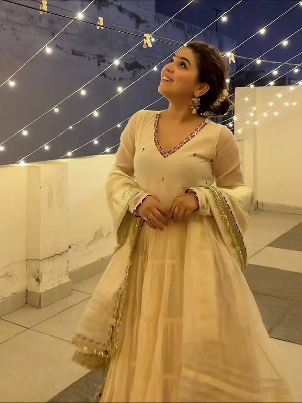 Superhit White Color Thread Work Gown