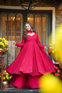 Red Sequin Embroidered Sharara Suit Set with Moti Lace Dupatta