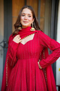 Red Sequin Embroidered Sharara Suit Set