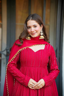 Red Sequin Embroidered Sharara Suit Set