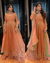 Peach Star Georgette Sequin Embroidered Anarkali Lehenga Set