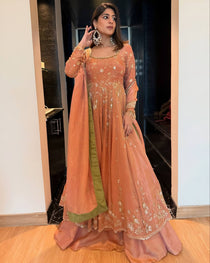 Peach Star Georgette Sequin Embroidered Anarkali Lehenga Set with Dupatta