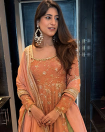 Peach Star Georgette Sequin Embroidered Anarkali Lehenga Set