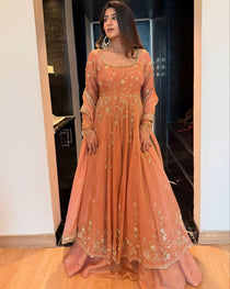 Peach Star Georgette Sequin Embroidered Anarkali Lehenga Set