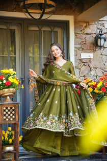 Olive Green Embroidered Gown Sharara Set with Floral Dupatta