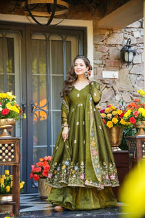 Olive Green Crunchy Silk Embroidered Gown Sharara Set