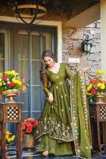 Olive Green Crunchy Silk Embroidered Gown Sharara Set