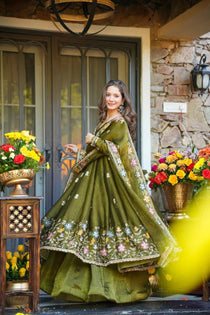 Olive Green Crunchy Silk Embroidered Gown Sharara Set