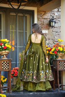 Olive Green Crunchy Silk Embroidered Gown Sharara Set