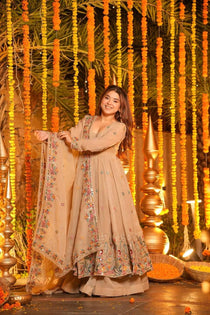 Beige Embroidered Gown Sharara Set with Floral Dupatta