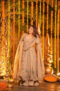 Beige Crunchy Silk Embroidered Gown Sharara Set
