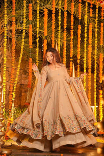 Beige Crunchy Silk Embroidered Gown Sharara Set