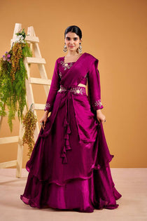 Wine Embroidered Lehenga Choli Set with Peplum and Dupatta