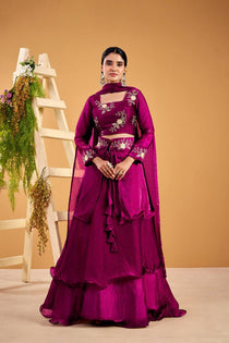Wine Embroidered Lehenga Choli Set