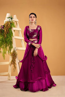 Wine Embroidered Lehenga Choli Set