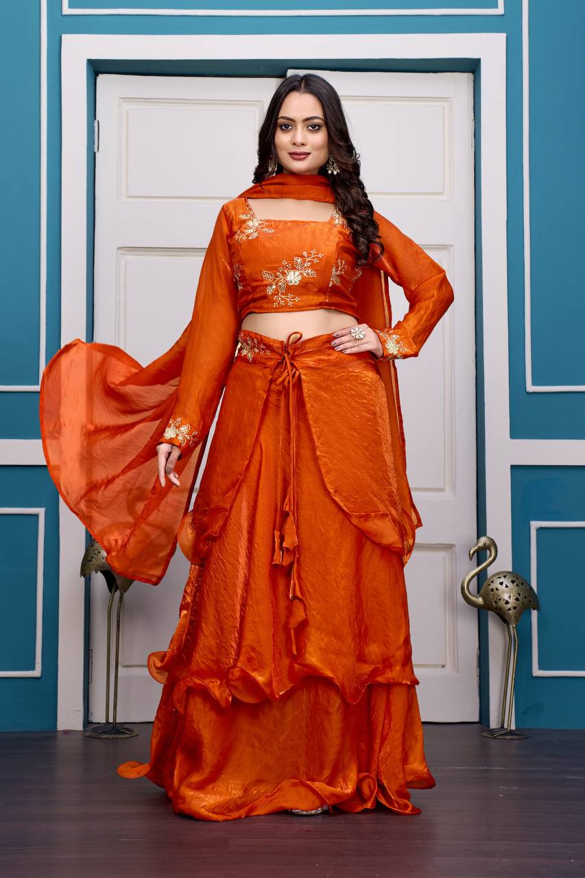 Outstanding Satin Embroidery Zari Work Lehenga Choli