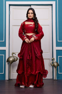 Wine Embroidered Lehenga Choli Set