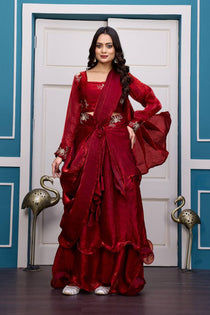 Wine Embroidered Lehenga Choli Set