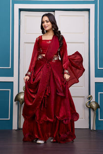 Wine Embroidered Lehenga Choli Set