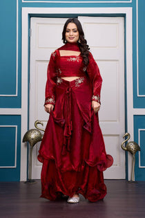 Wine Embroidered Lehenga Choli Set