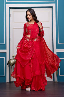 Wine Embroidered Lehenga Choli Set
