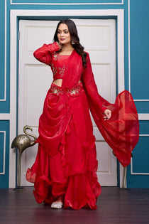 Wine Embroidered Lehenga Choli Set