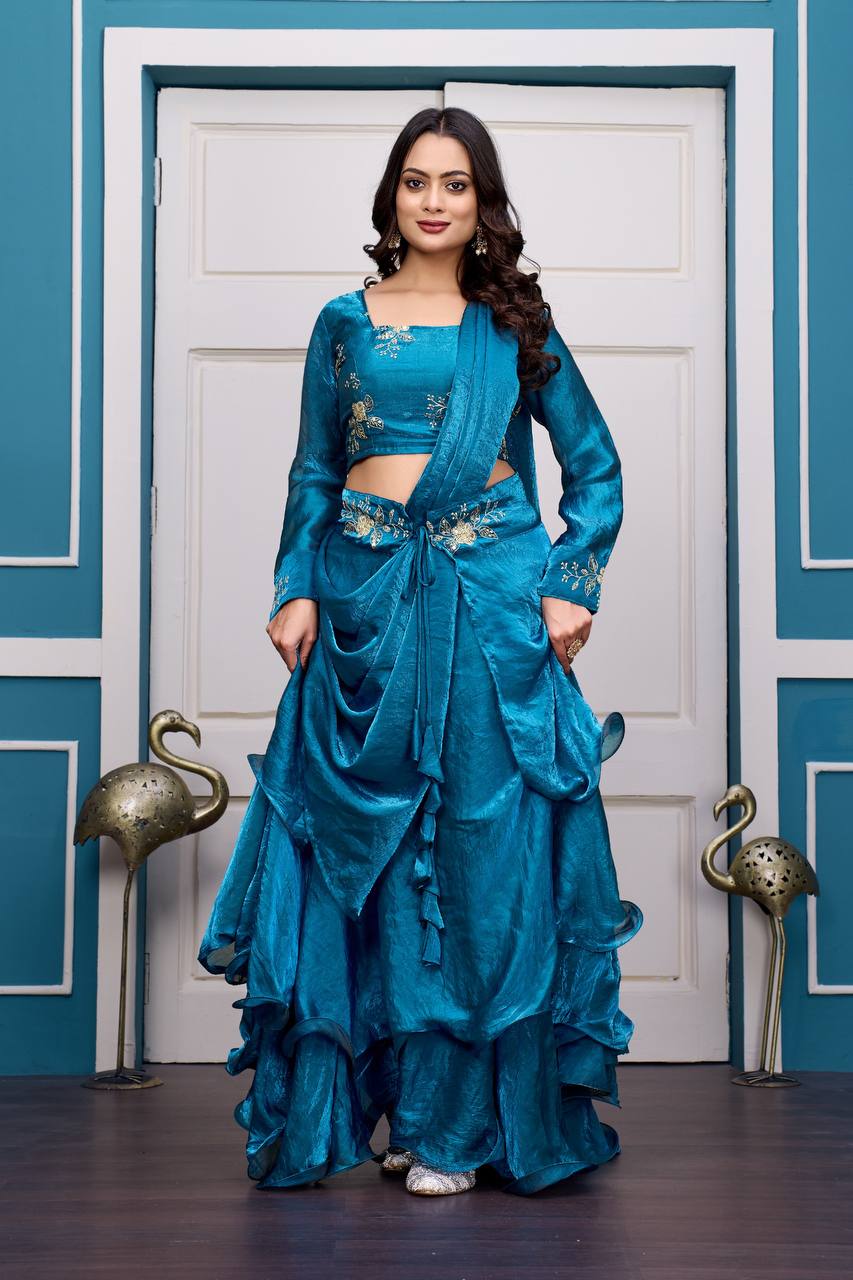 Outstanding Satin Embroidery Zari Work Lehenga Choli