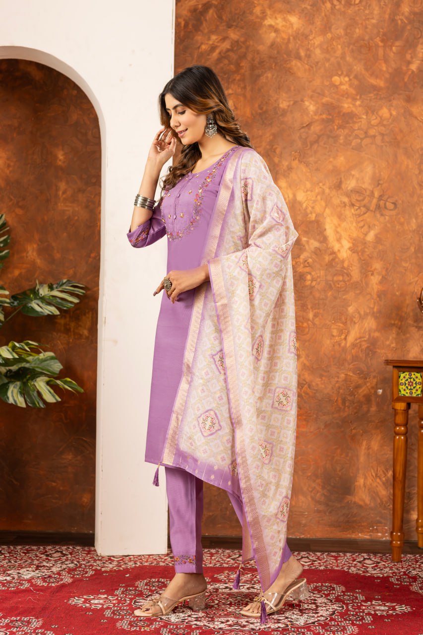 Parrot Green Marina Silk Embroidered Kurta Set Main image