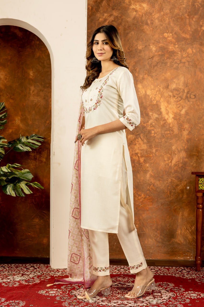 Multi Embroidery Thread With Hand Work Three Piece Pair