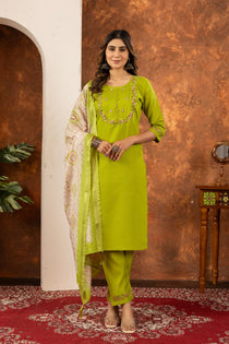 Parrot Green Marina Silk Embroidered Kurta Set with Printed Dupatta