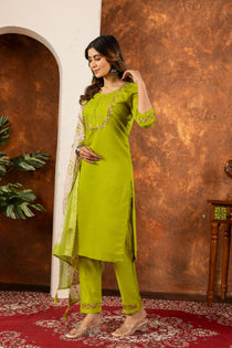 Parrot Green Marina Silk Embroidered Kurta Set