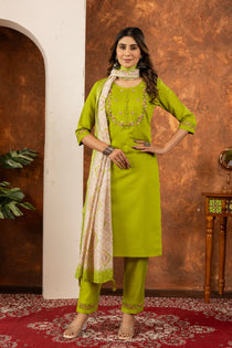 Parrot Green Marina Silk Embroidered Kurta Set
