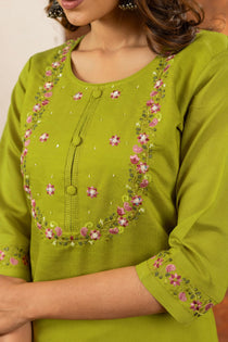 Parrot Green Marina Silk Embroidered Kurta Set