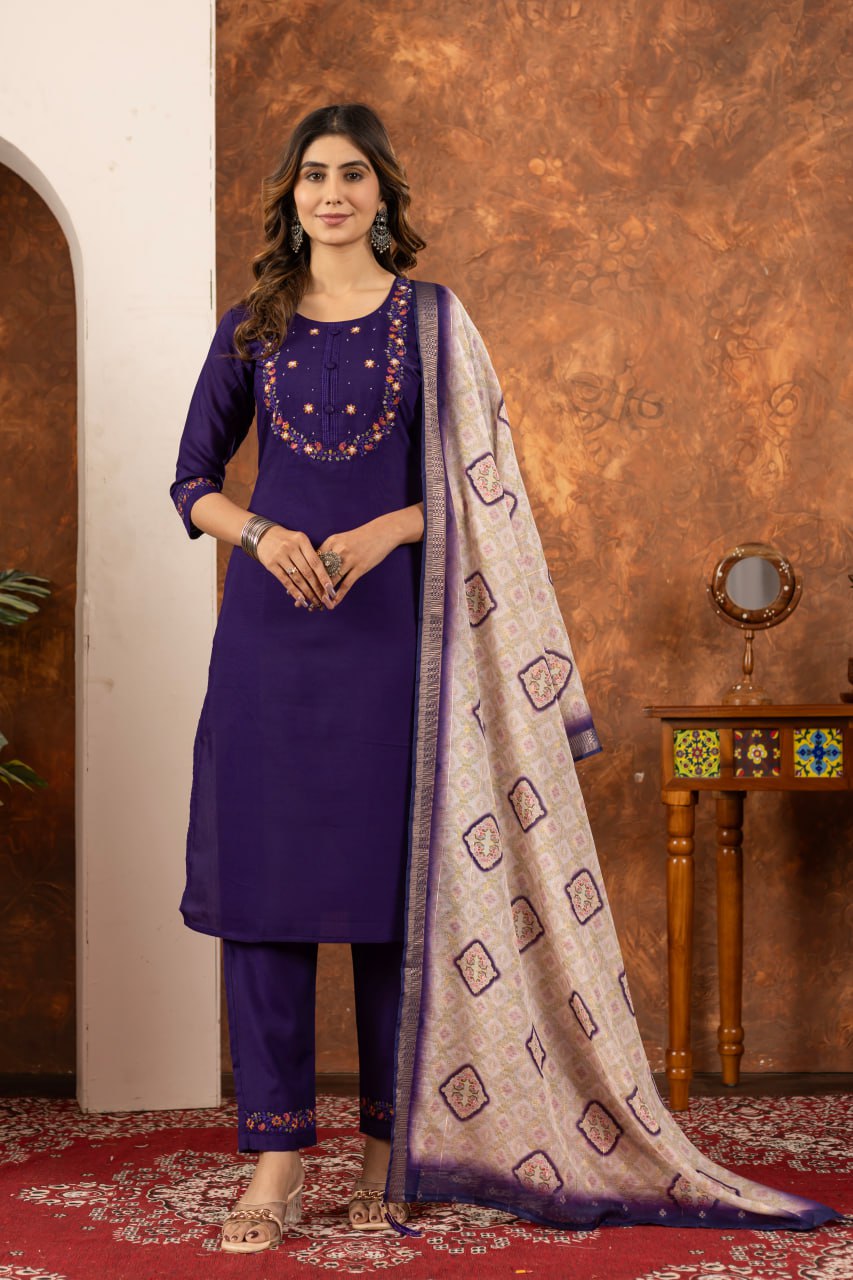 Multi Embroidery Thread With Hand Work Three Piece Pair